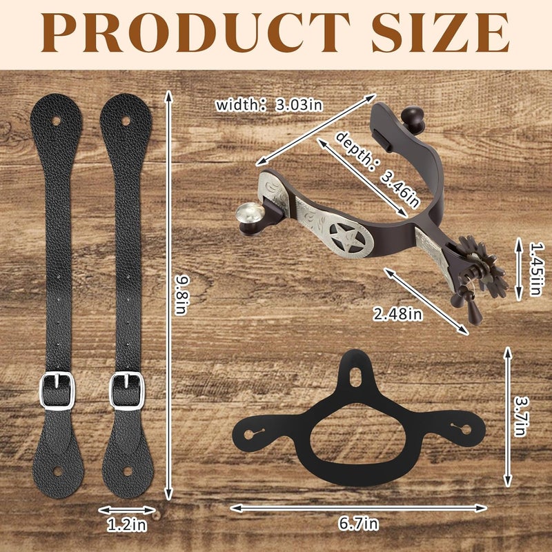 BrightRow 2 Pack Spurs for Cowboy Boots Men with 2 Pcs Leather Belt and Tie Down Straps, Stainless Steel Western English Horse Spurs with Rotatable Gear, Equestrian Riding Accessories - Image 2